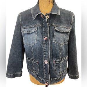 Live a Little Cotton Blend Denim Jacket Feminine Pink Jewel Buttons Size Large
